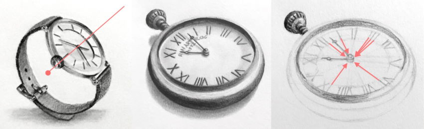 רישומים בעיפרון של שעוני יד באמצעות אליפסות