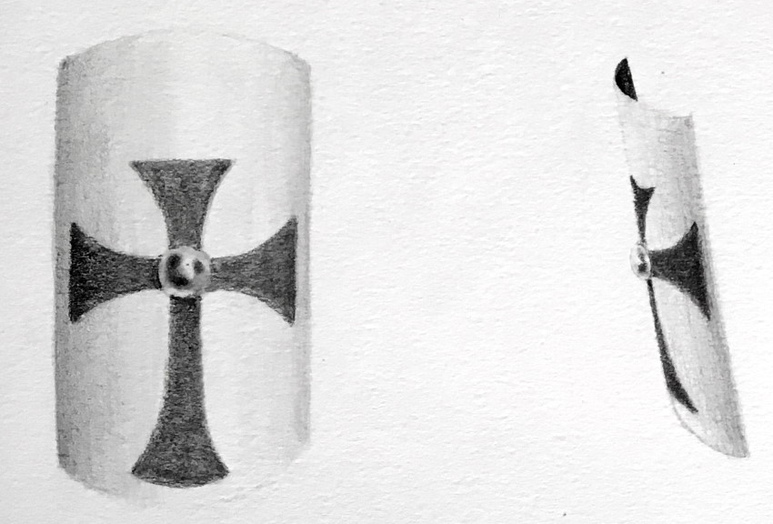 ציור בעיפרון של מגן מרובע מהדמיון