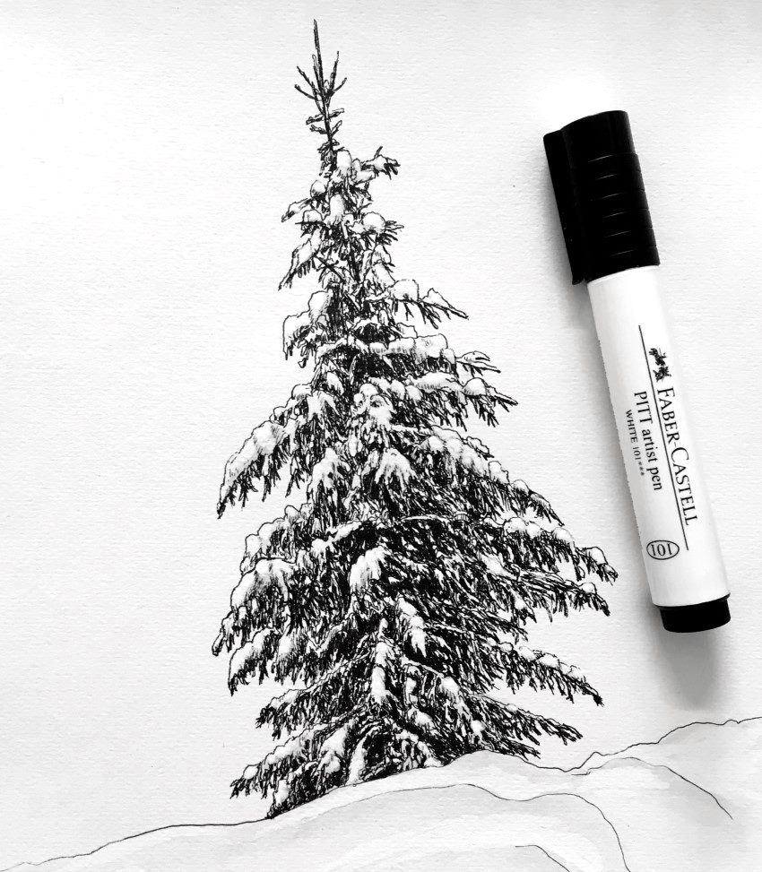 ציור של עץ, אזורים מוארים בעזרת מרקר לבן