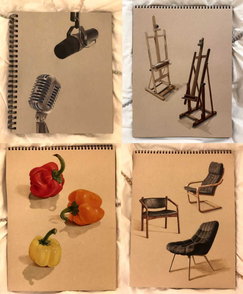 ציורים ריאליסטיים במדיה מעורבת, מרקרים ועפרונות צבעוניים