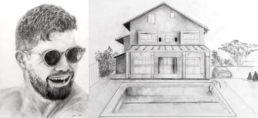 רישום בעיפרון של דיוקן ובית בנקודת היעלמות אחת, על ידי יפעת גולדשטיין