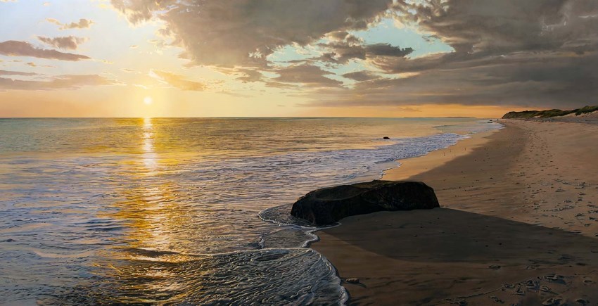 ציור נוף ימי בשקיעה בסגנון פוטוריאליסטי, סטיב מילס