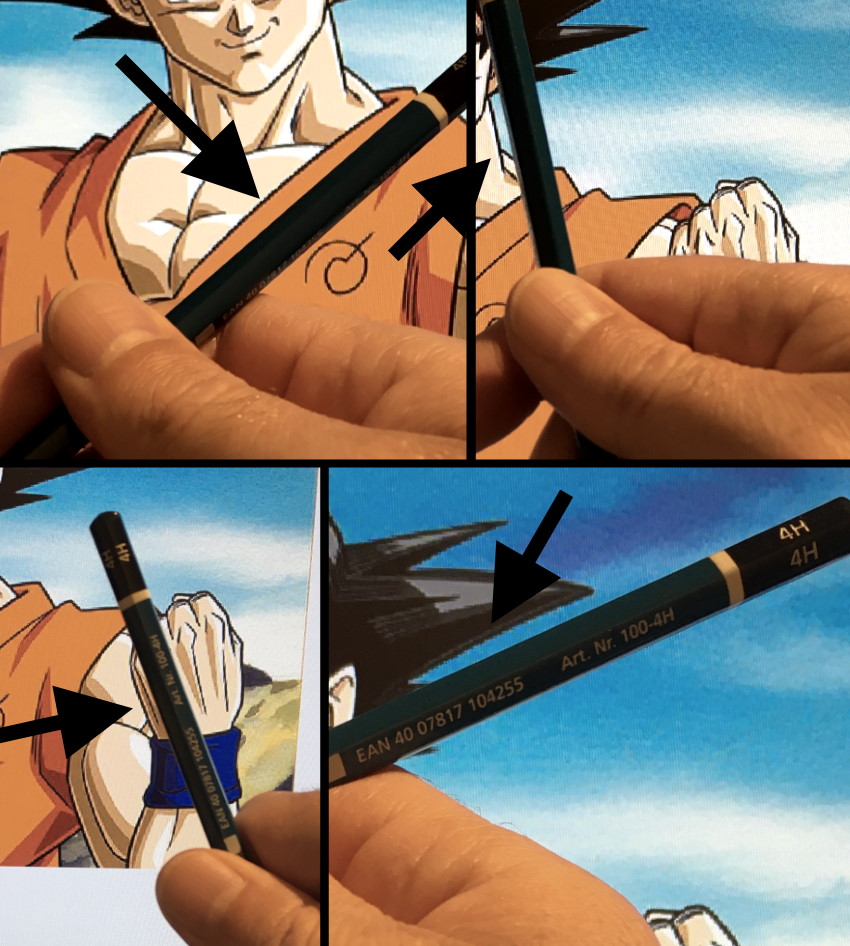 שימוש בעיפרון למדידת הזוויות עבור ציור באופן מדויק