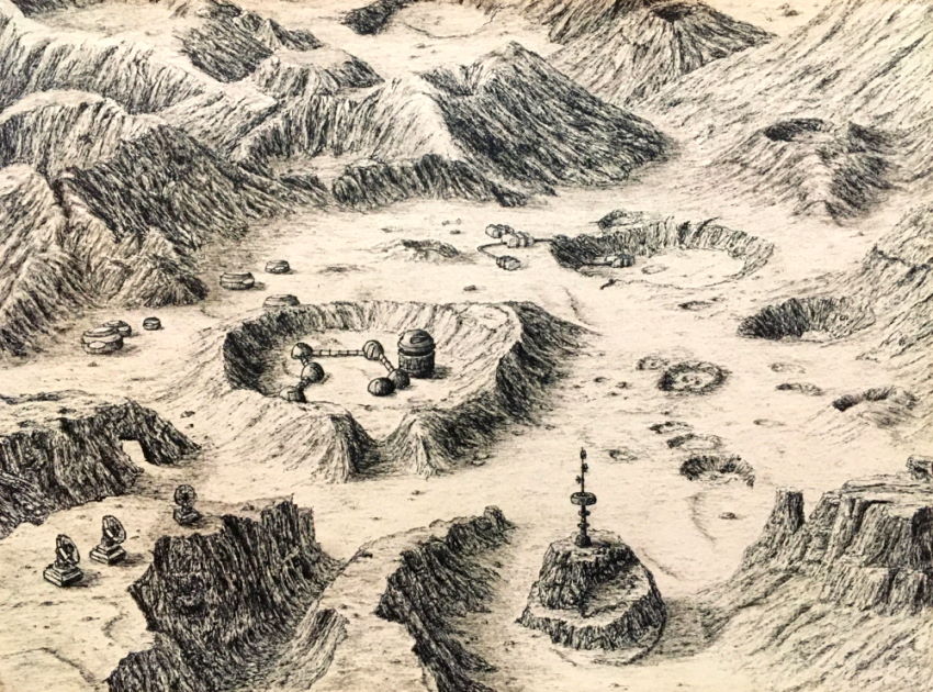 רישום בעט של מפה של כוכב לכת עם מכתשים