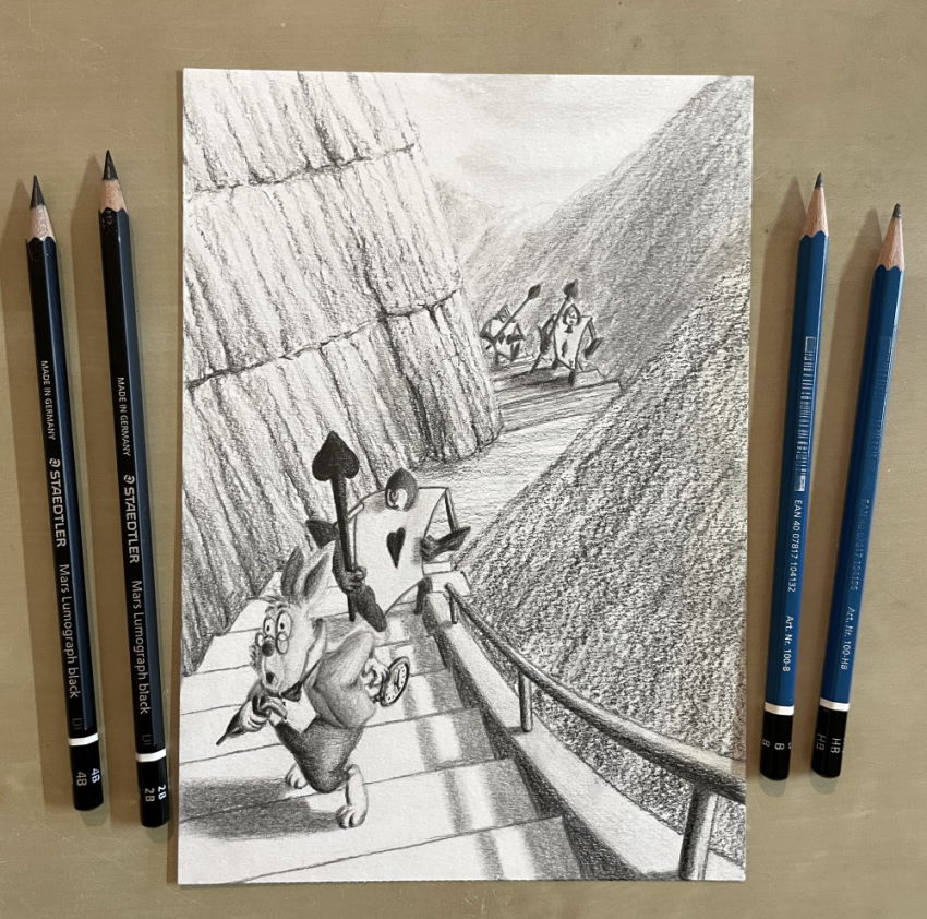 ציור בעיפרון מהדמיון של הארנב הלבן מעליסה בארץ הפלאות