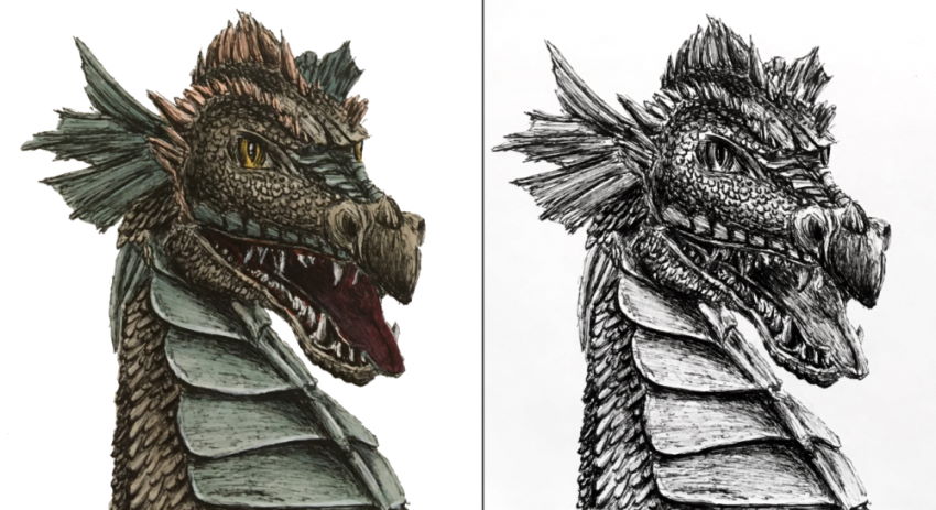 ציור של דרקון עם עט ומרקרים