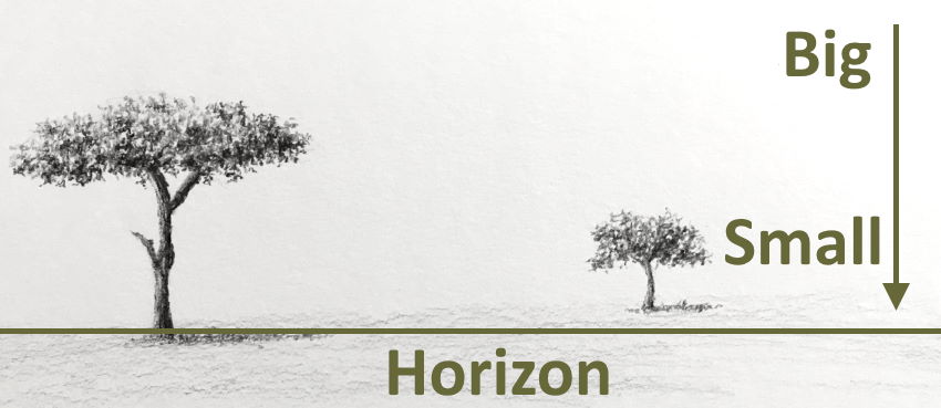 רישום בעיפרון של עצים מעל קו האופק