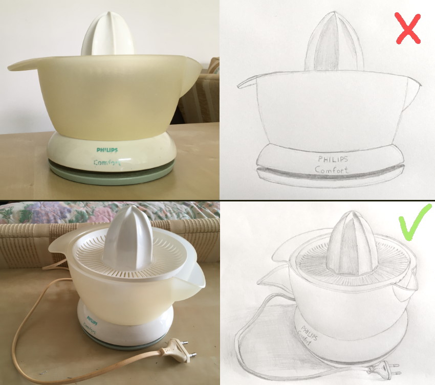 רישום בעיפרון של קומפוזיציה של מסחטת מיצים