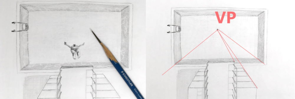 רישום עם קיצור בפרספקטיבה של בחורה קופצת לבריכה