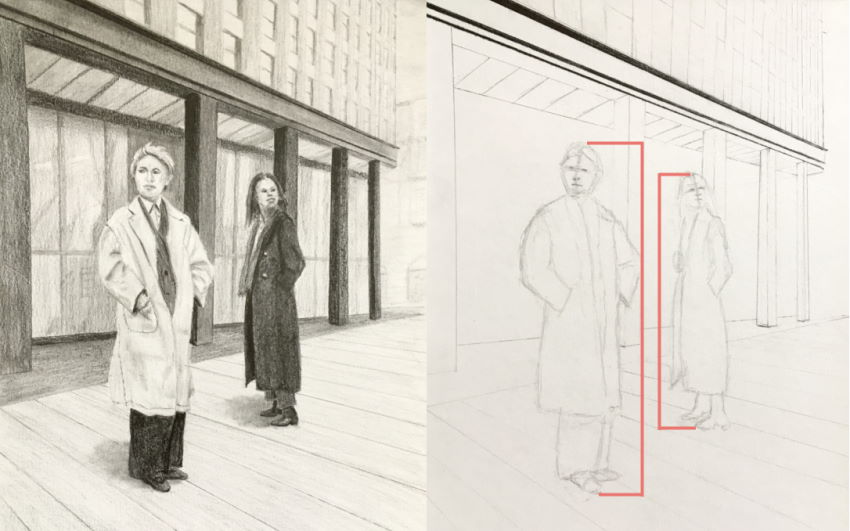 ציור של שתי דמויות בפרספקטיבה לינארית