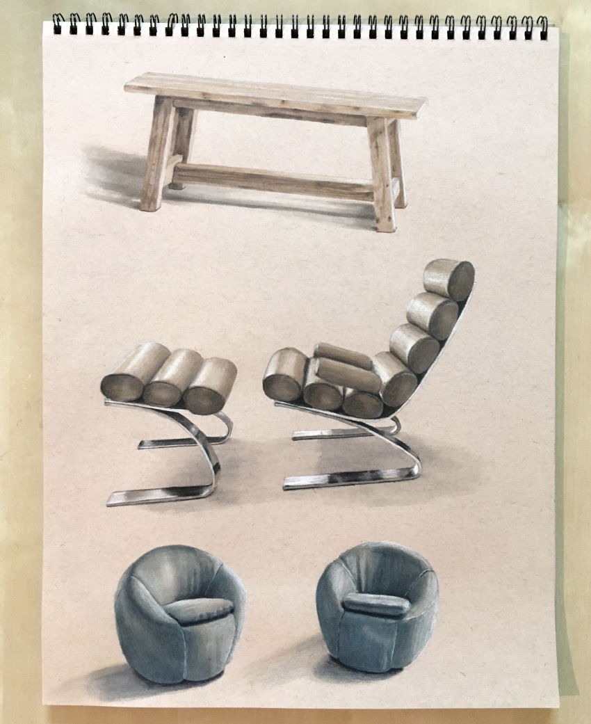 ציור של רהיטים בפרספקטיבה, עם מרקרים