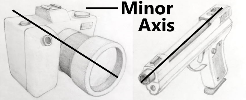 סקיצות של מצלמה ואקדח בפרספקטיבה
