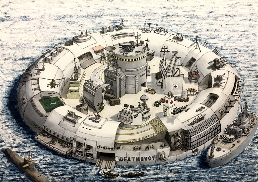 ציור של אובייקט צבאי דמוי גלגל הצלה המלא בנשקים ותותחים