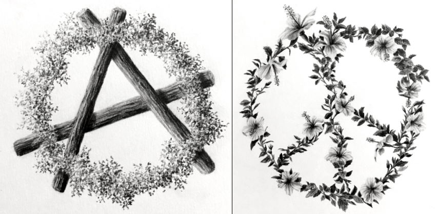 ציור בעיפרון של סמל אנרכיה וסמל שלום עם מרקם עלים