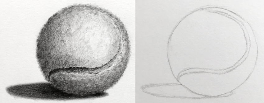 רישום בעיפרון בסגנון ריאליסטי של כדור טניס