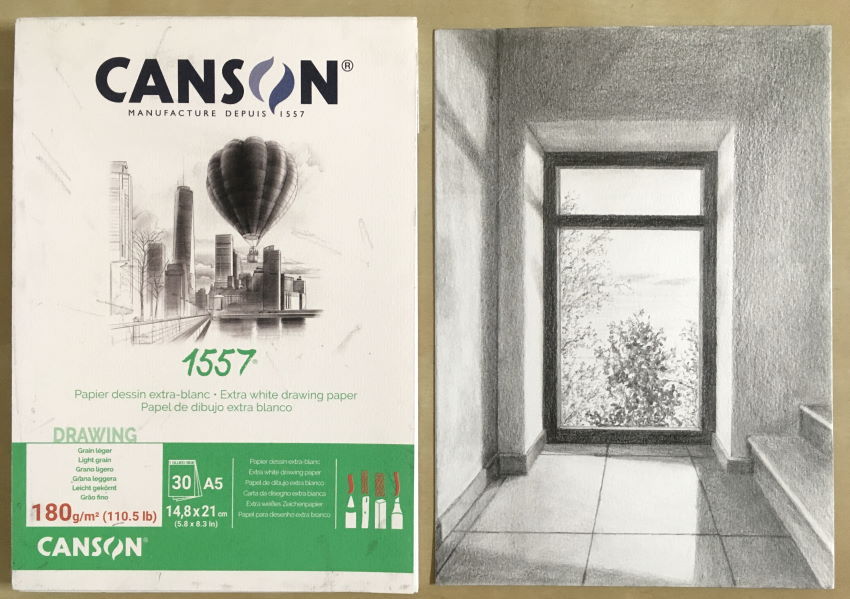דפי נייר Canson 1557, ורישום בעיפרון של חלון